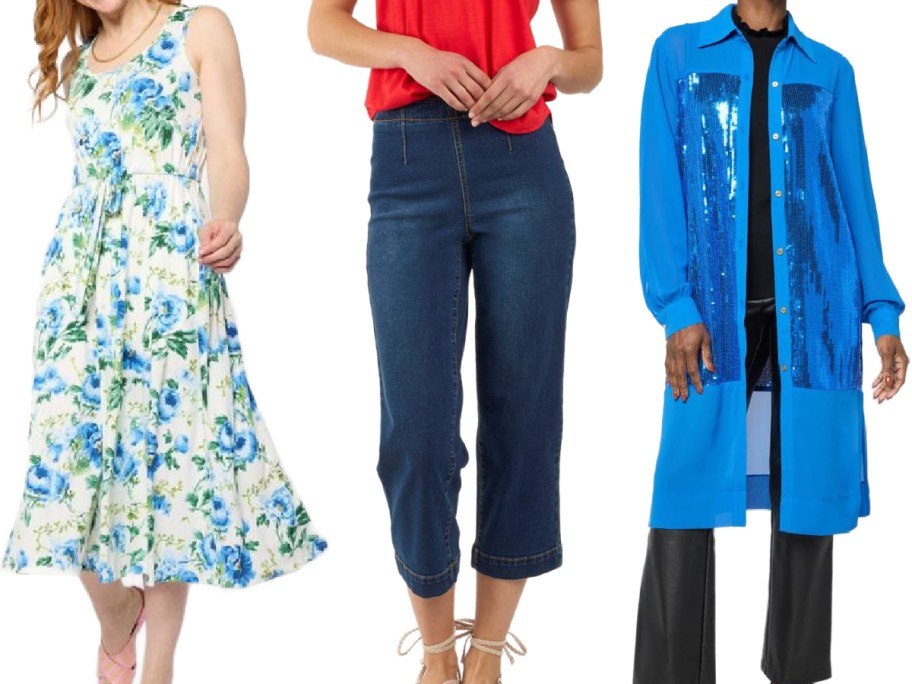 A floral dress with a fitted bodice and flared skirt, a red top with high-waisted blue jeans, and a blue sequined shirt worn over black pants.