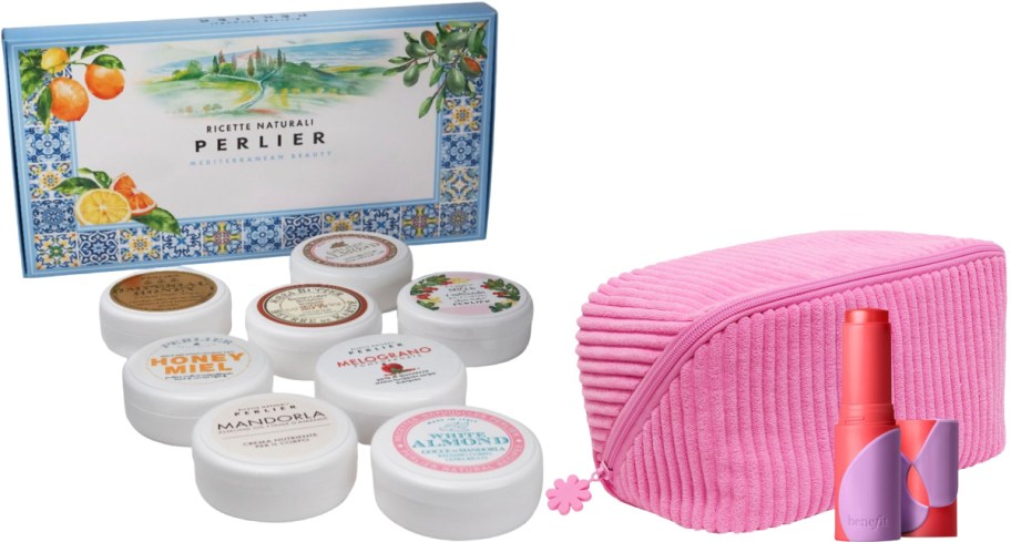 A collection of Perlier beauty creams in round jars, a floral-themed box, and a pink zippered bag with a red lip tint inside.