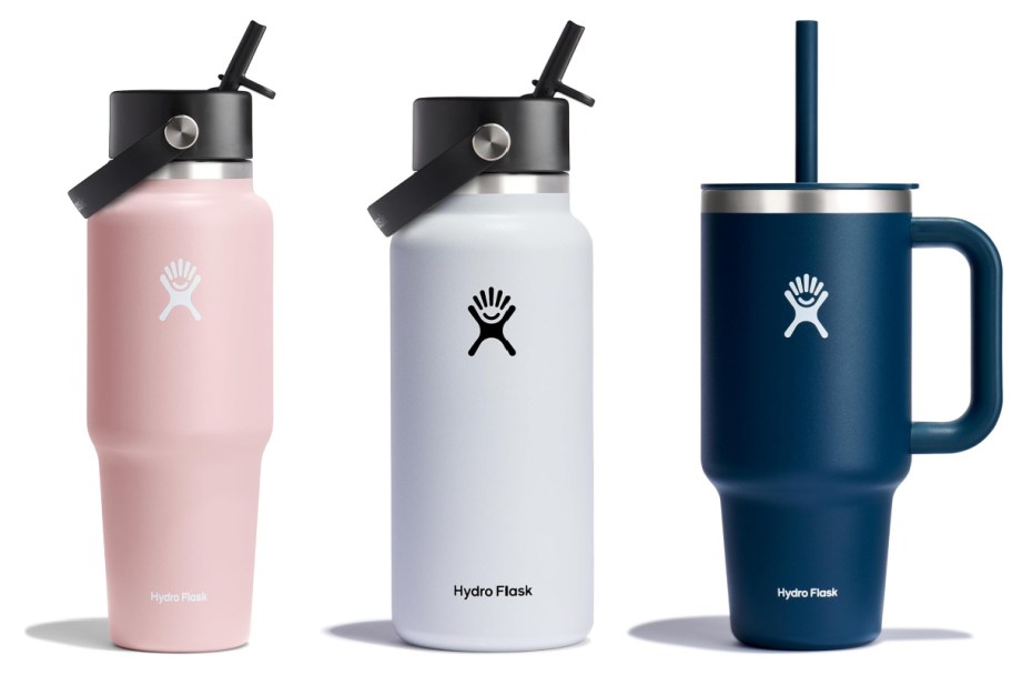 pink white and navy stainless steel water bottles