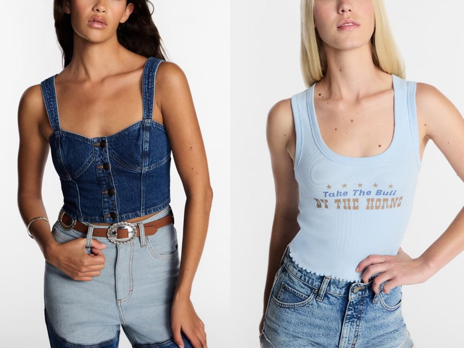 women wearing jean top and blue tank top 