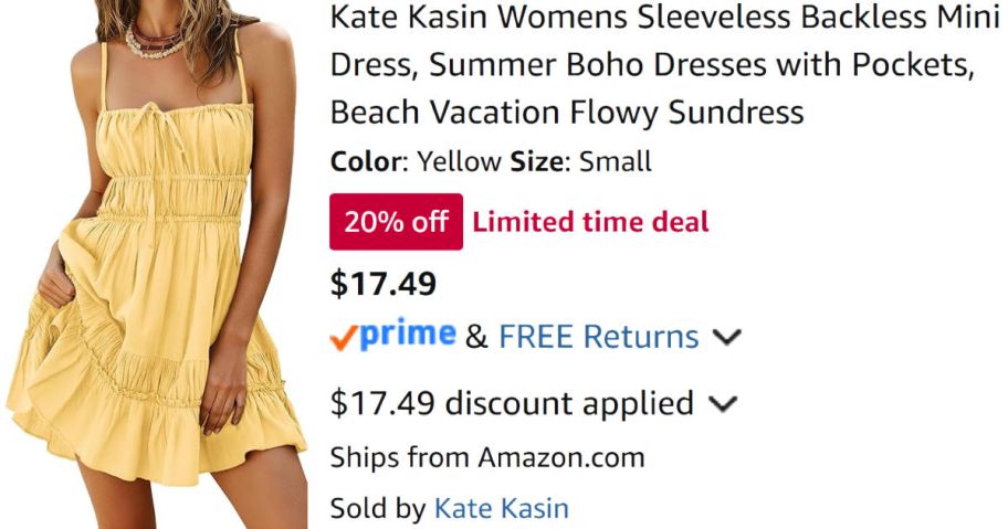 woman wearing yellow dress next to Amazon pricing information