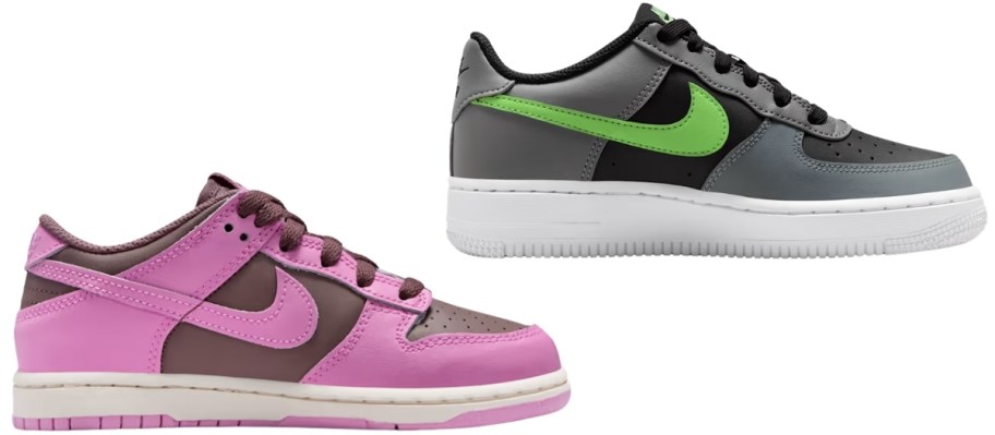 two kids athletic shoes in 2 different styles and colors