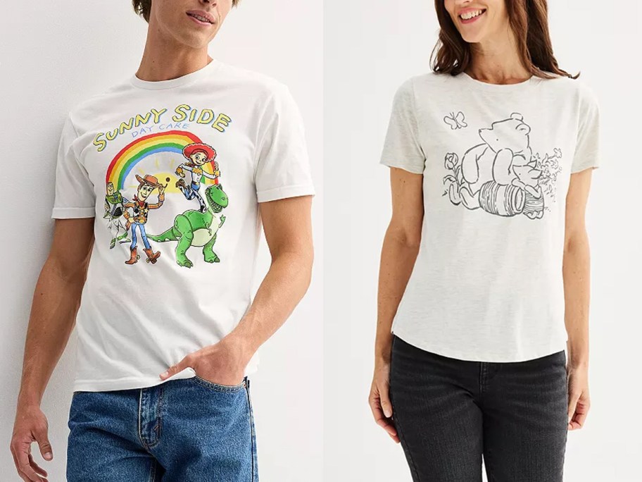 adults wearing toy stoy and pooh tees 