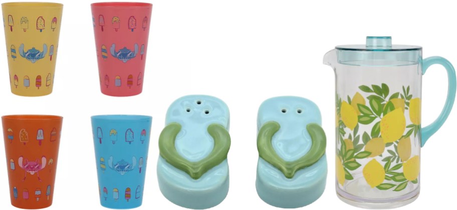 Colorful, summer-themed cups and pitcher set. Cups feature popsicles and crabs; the pitcher displays bright lemons. Flip-flop-shaped salt and pepper shakers are also included.