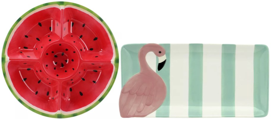 Round dish resembling a watermelon with compartments and a rectangular plate featuring a pink flamingo on aqua and white stripes.