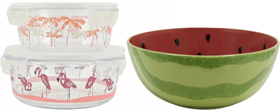 Three containers: a stack of clear glass bowls with pink flamingo and palm tree designs, and a green bowl resembling a watermelon interior.