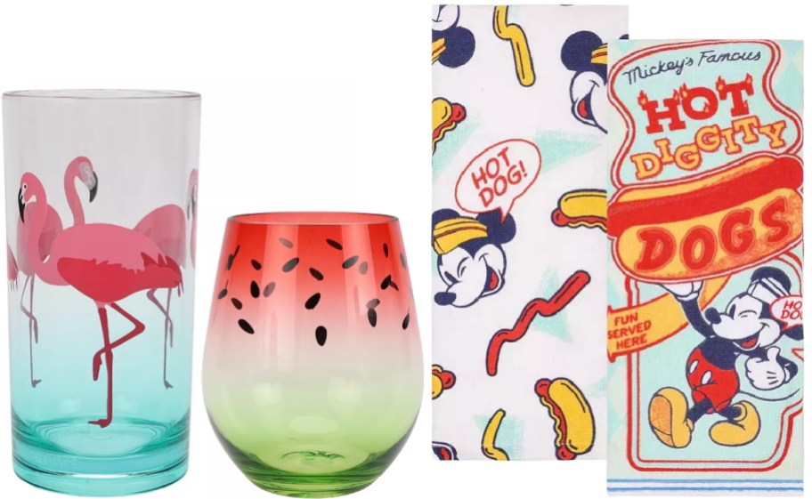 Tall glass with pink flamingos, a watermelon-themed tumbler, and two colorful towels featuring cartoon hot dog designs.