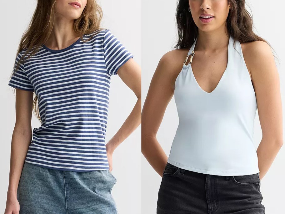 women wearing blue and white striped and blue tops 