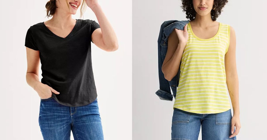 women wearing black tee and yellow tank 