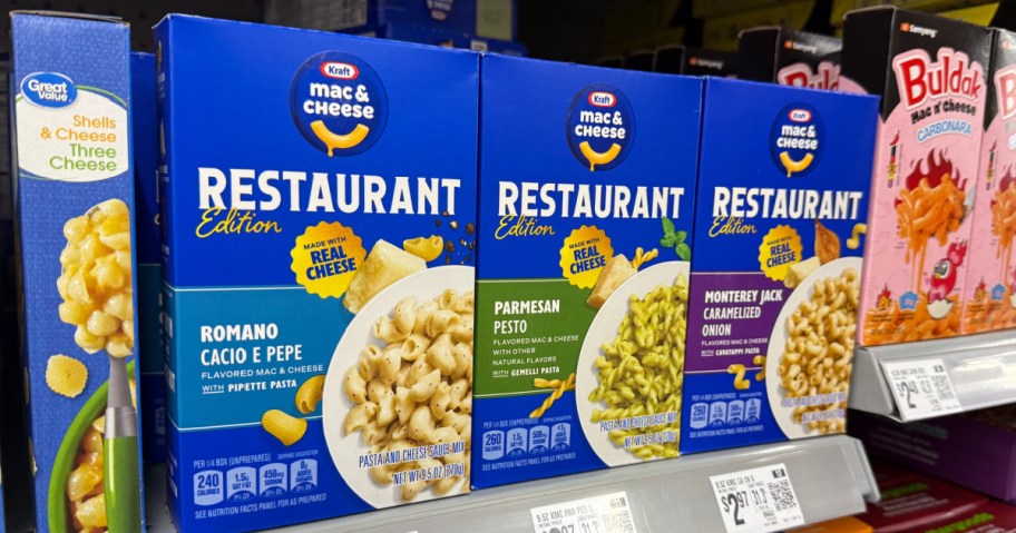 3 kraft restaurant edition mac & cheese on a store shelf