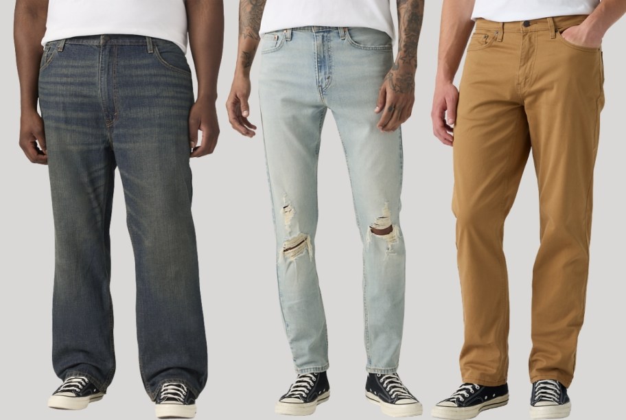 3 men in 3 different styles of jeans