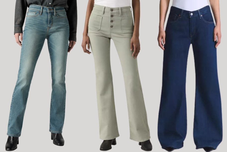 3 women in 3 different styles of jeans