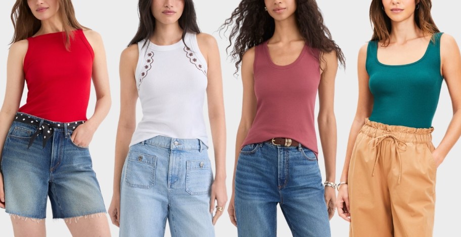 4 women in 4 different styles of tank tops