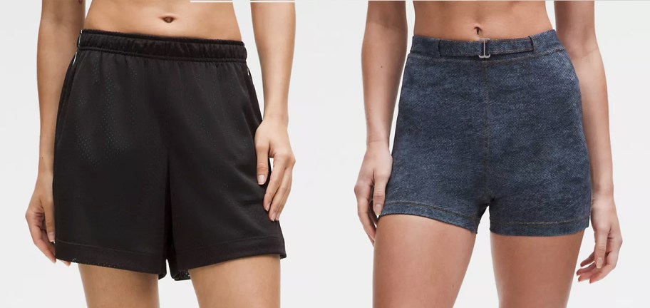 two women in black and grey shorts