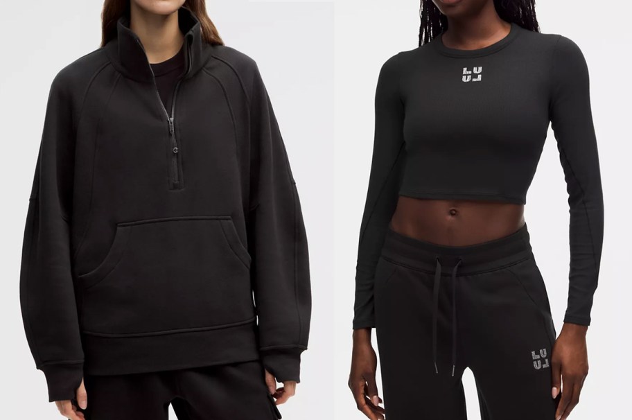 two women modeling black sweatshirt and long sleeve shirt