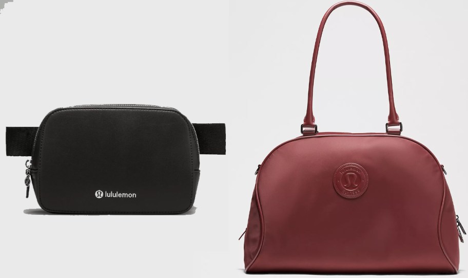 black belt bag and red duffle bag 