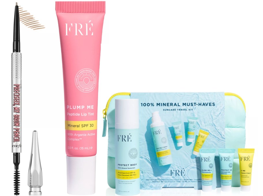 Collection of beauty products including a brow pencil, pink lip tint, and pastel-hued skincare items in a travel kit.