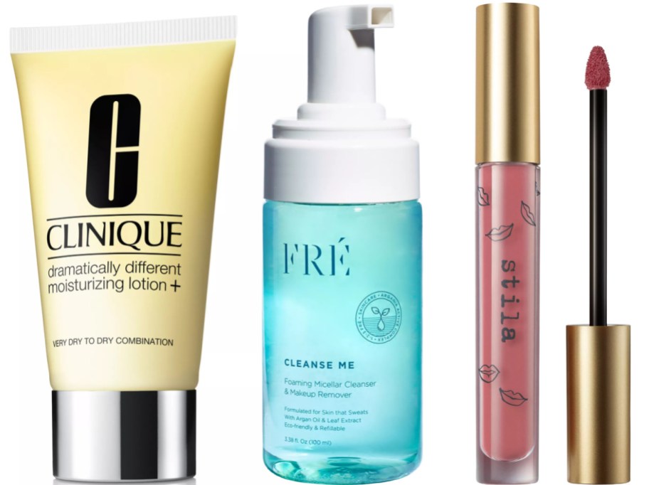 Three beauty products lined up: a yellow Clinique moisturizing lotion, a blue FRE foaming cleanser with a pump, and a pink Stila lip gloss with a gold cap.