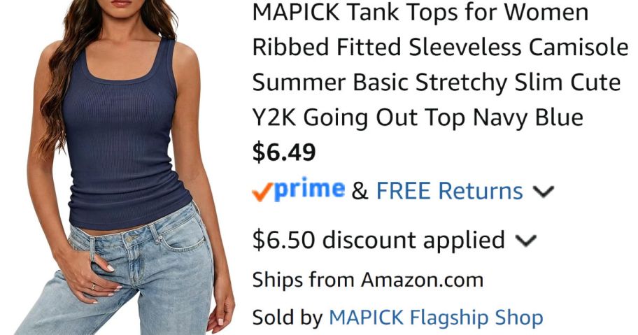 woman wearing navy blue tank top next to Amazon pricing information