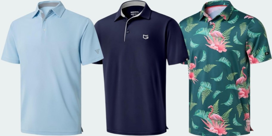 3 mens golf polos in 3 different colors