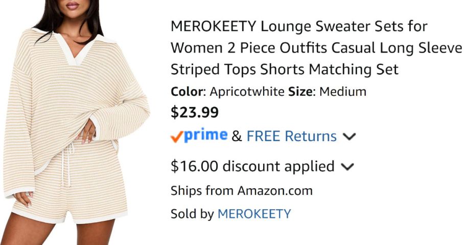 woman wearing striped shirt next to Amazon pricing information