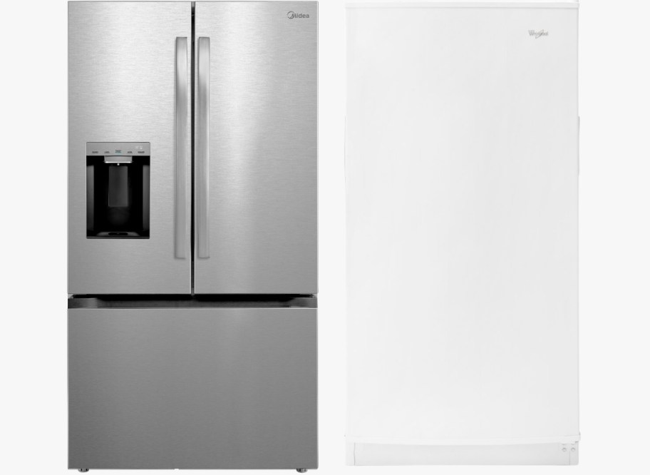 a stainless steel 3 door fridge and white upright freezer