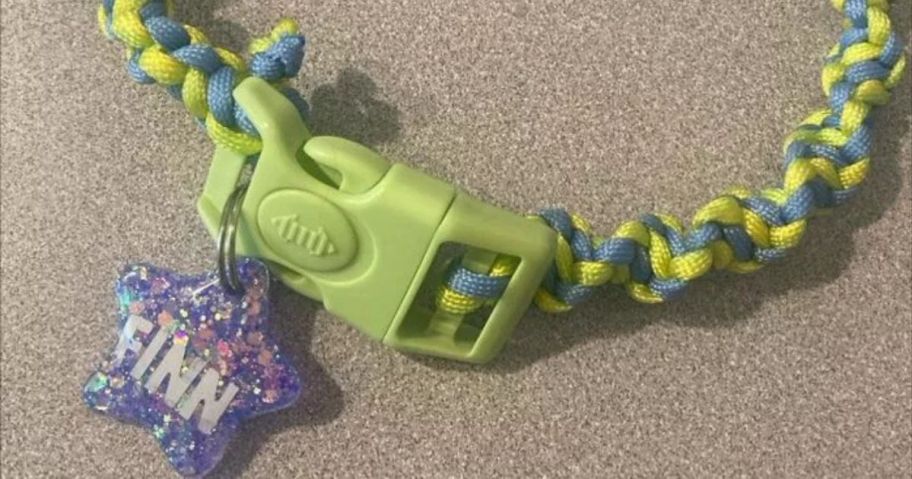 mondo llama pet paracord collar and tag on table