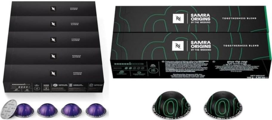 A package of coffee pods that includes multiple boxes, with several pods displayed in front. The boxes are branded with the name "Samra Origins by The Weeknd," and the design features a dark color scheme with green accents.