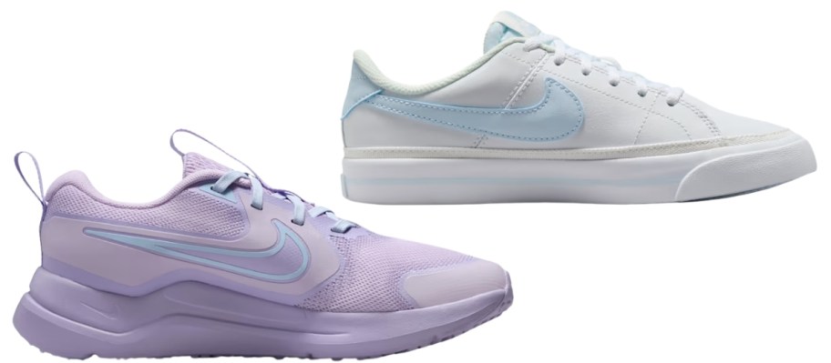 two kids athletic shoes in 2 different styles and colors