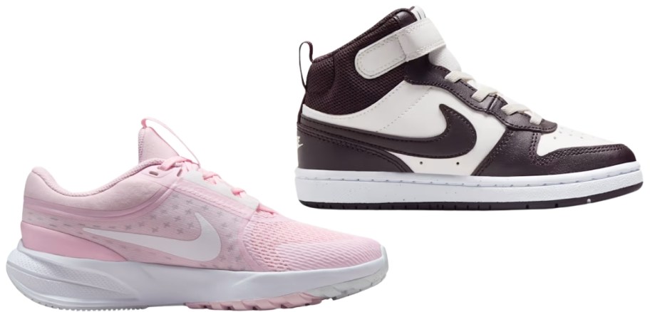 two kids athletic shoes in 2 different styles and colors