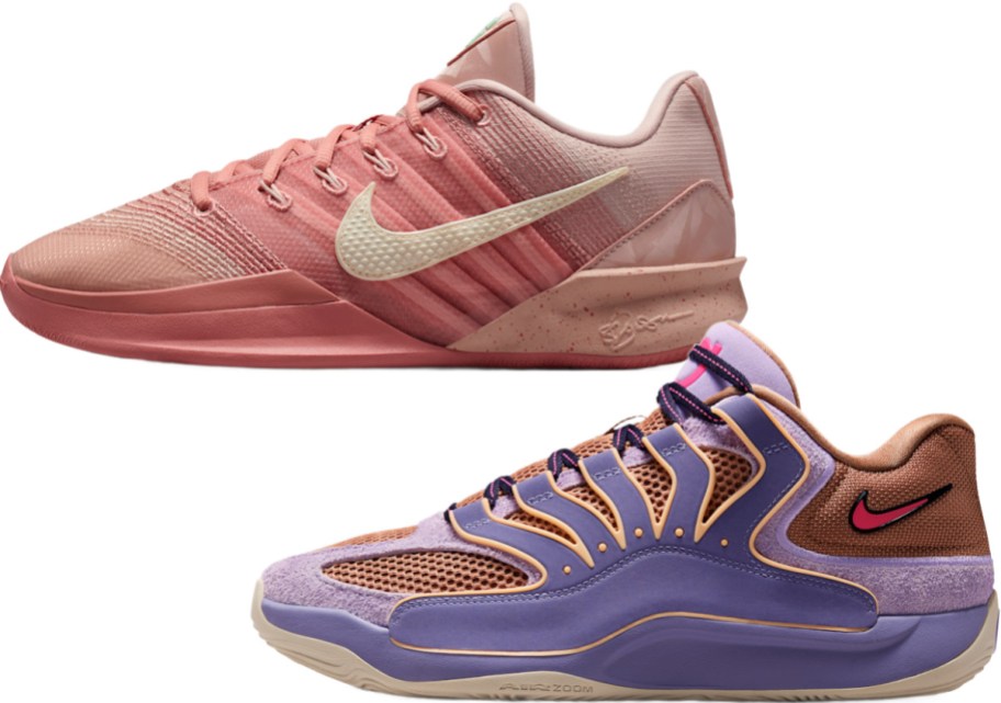 A pair of pink and purple Nike basketball shoes.
