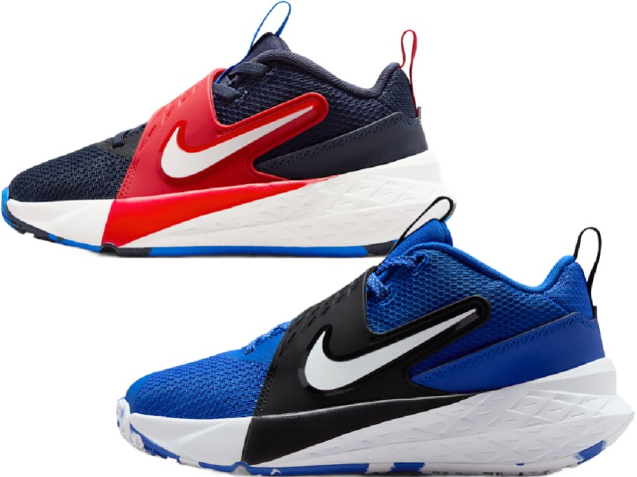 Two Nike sneakers are displayed side by side. The top sneakers are navy in color with a red strap and white logo. The bottom sneakers are blue in color with a black strap and white logo. Both feature a white sole with blue accents.