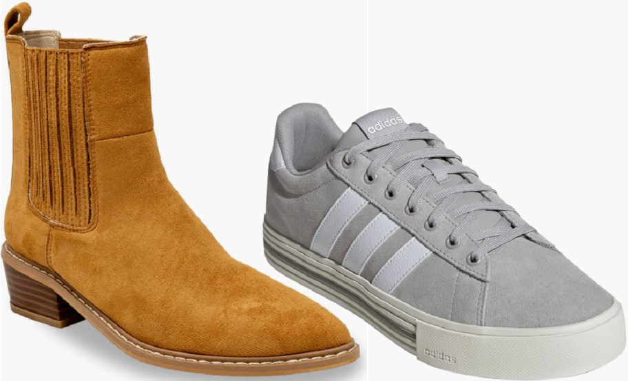 A tan suede ankle boot with a block heel is shown next to a light gray sneaker featuring white stripes and laces.
