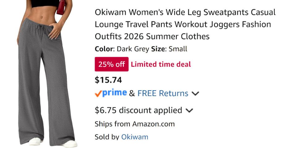 woman wearing gray pants next to Amazon pricing information