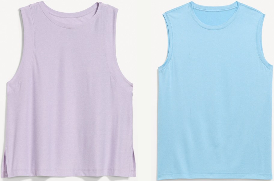 Two sleeveless tops: one in light purple and the other in light blue.