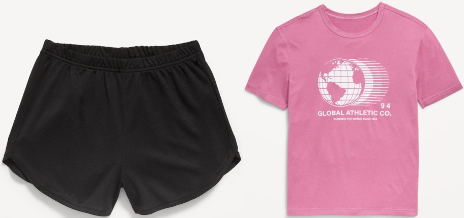 Black shorts and a pink t-shirt with a globe graphic and the text "GLOBAL ATHLETIC CO."