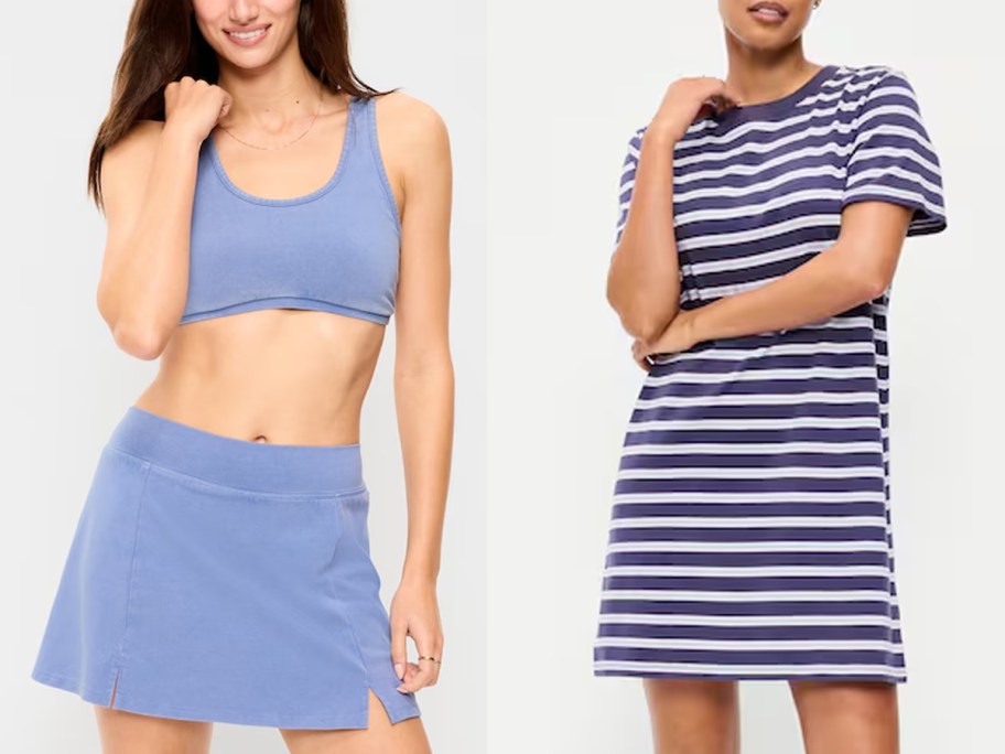 women wearing blue activewear and striped dress