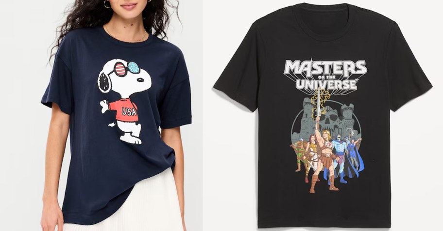 snoopy and he-man graphic tees