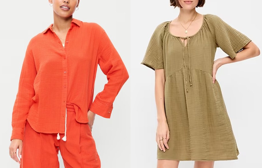women wearing orange top and brown dress 