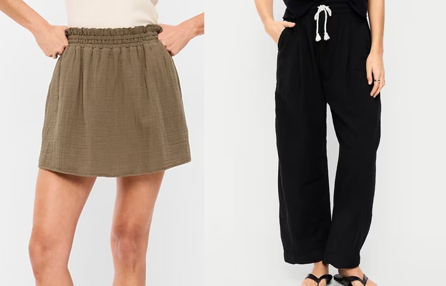 women wearing green skirt and black pants 