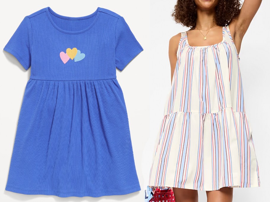 blue girls dress and woman wearing striped dress 