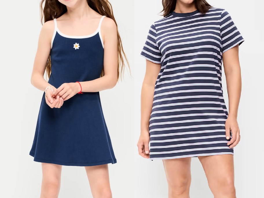 Two dresses are displayed. The left shows a girl in a navy dress with white straps and a daisy. The right is a woman in a navy striped t-shirt dress.