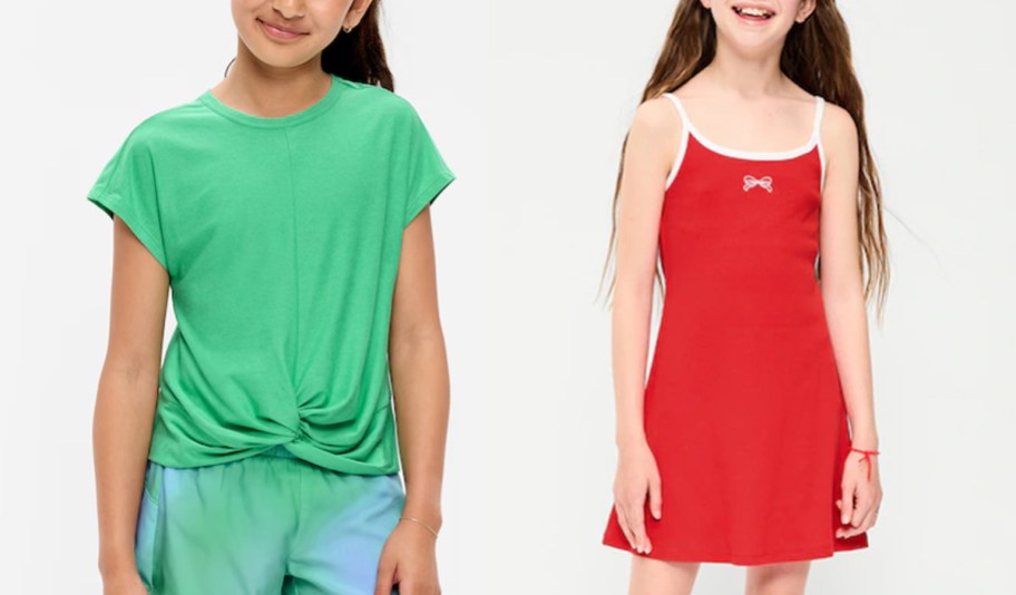 girls wearing green tee and red dress