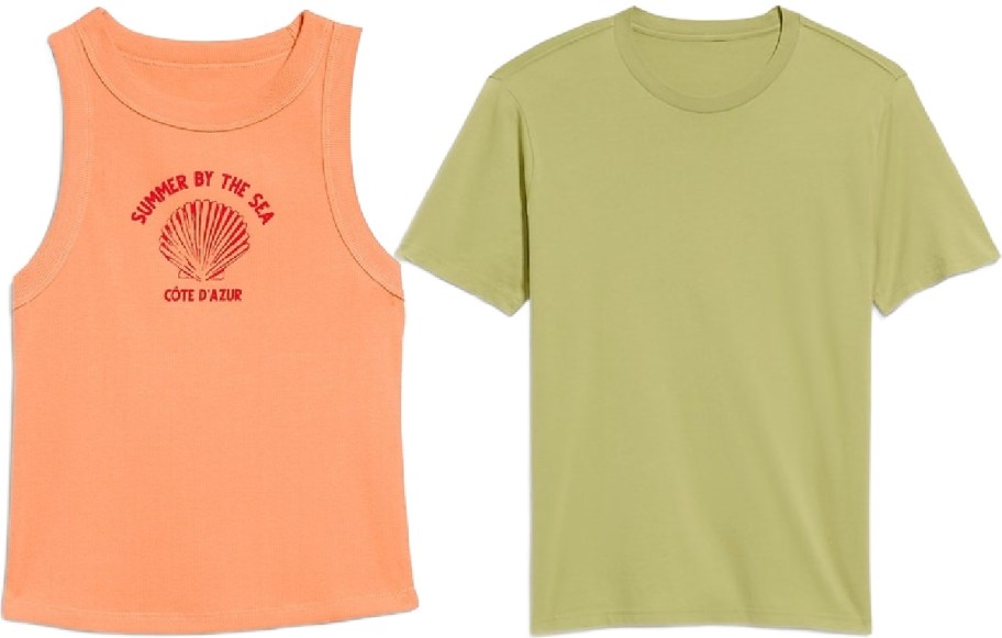 Orange tank top with "Summer by the Sea" and shell graphic on left; olive green T-shirt on right.