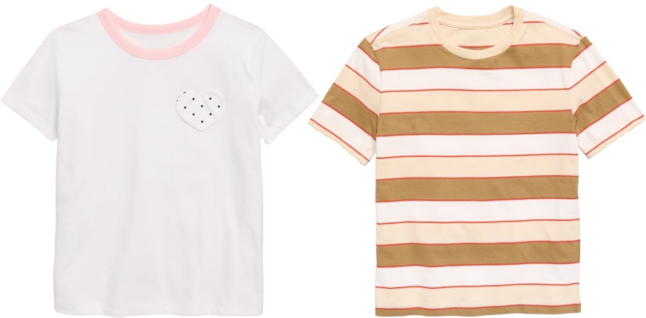 Two t-shirts are displayed: one white with a pink collar and heart design, the other beige with brown and red stripes.
