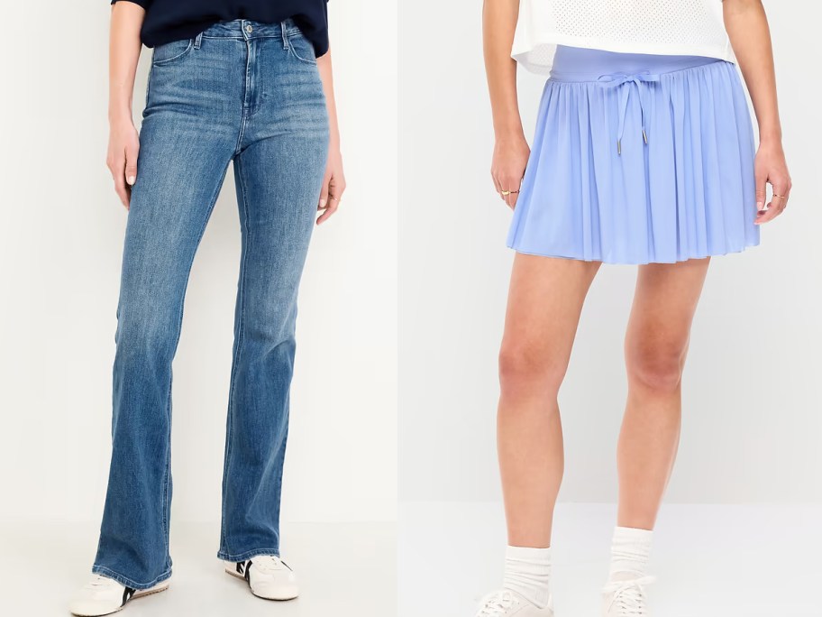women wearing jeans and blue skirt 