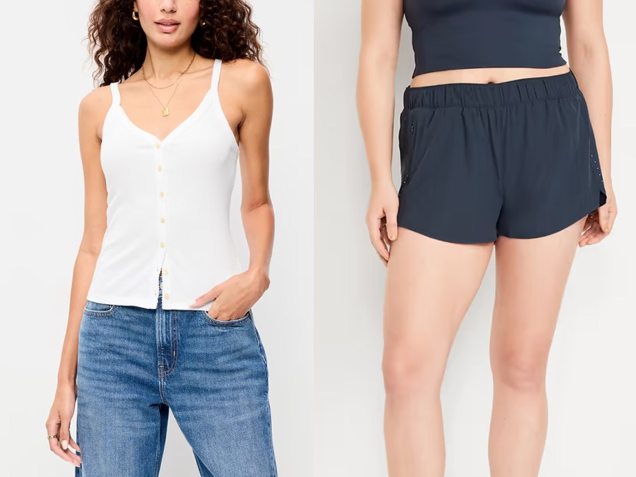 women wearing white top and blue shorts 