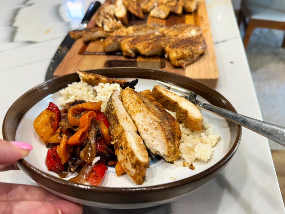 plated chicken with rice and veggies 