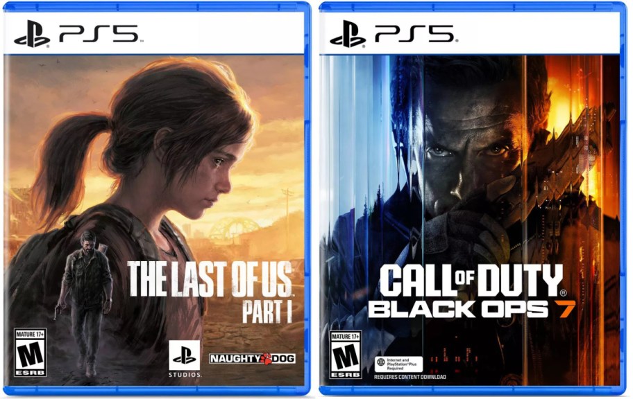 The image shows two video game cases for the PlayStation 5. On the left is "The Last of Us Part I," featuring a character from the game in a dramatic pose, and on the right is "Call of Duty: Black Ops 7," showcasing a more intense design with action elements. Both cases are blue and prominently display their titles along with age rating logos.