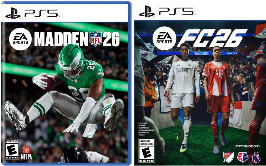 Two video game covers for PlayStation 5: the left cover features "EA Sports Madden NFL 26" with a player diving over a defender, while the right cover shows "EA Sports FC 26" featuring two players walking together, one in a white jersey and the other in red.